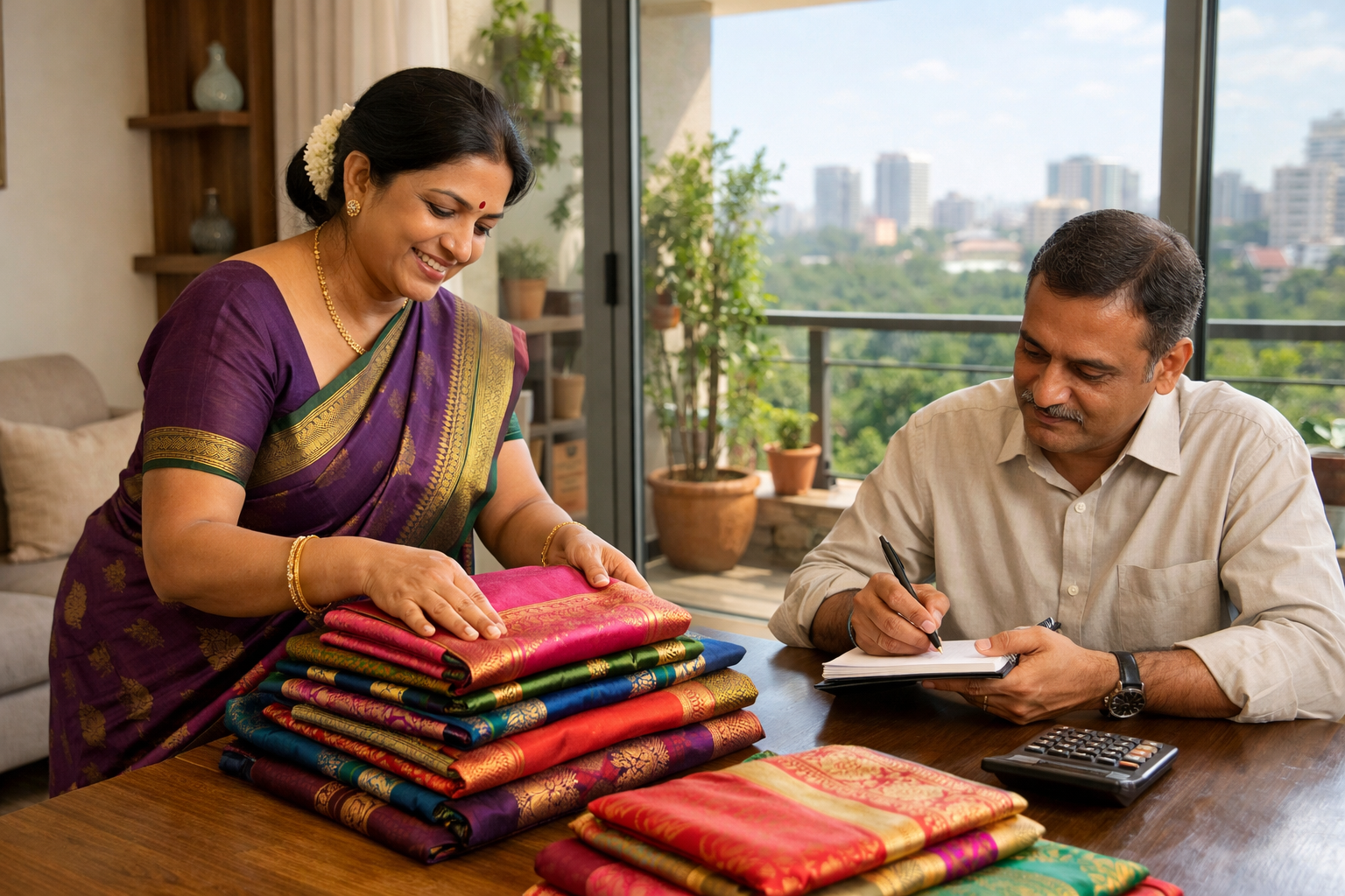 Sell old silk sarees in South Bangalore with doorstep buyer evaluating sarees