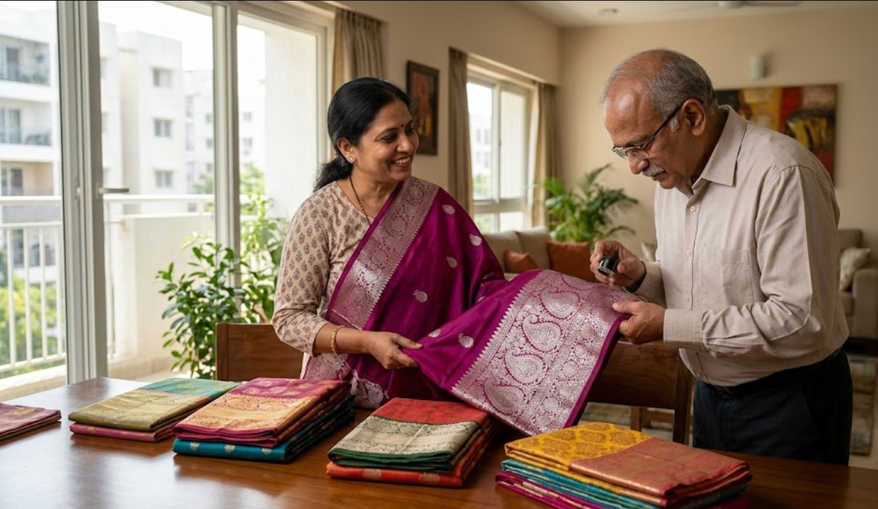 Grand silver zari saree buyers evaluating silk saree with detailed zari work in Bangalore