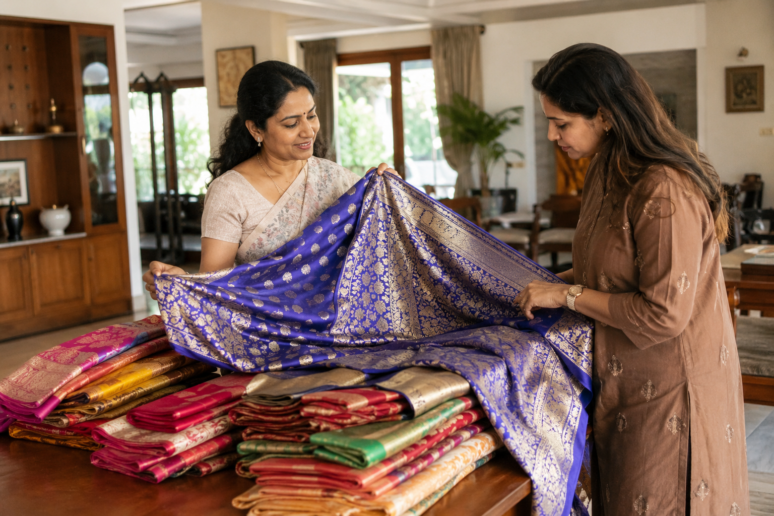 Banaras saree buyer in Bangalore evaluating Banarasi silk sarees