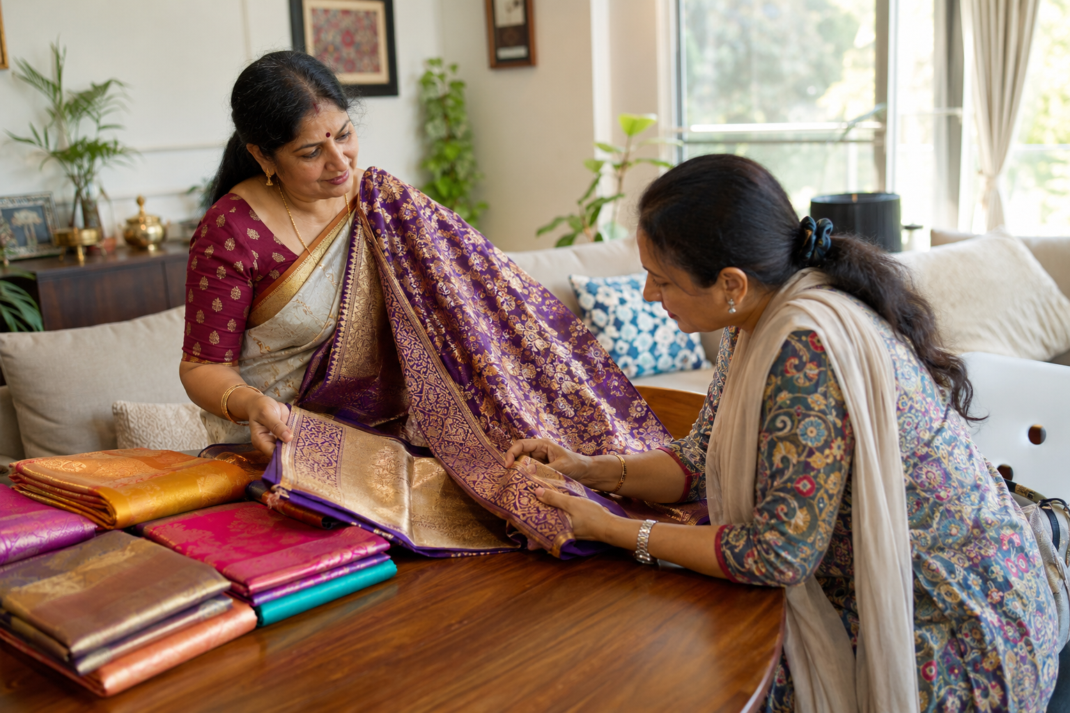 Banarasi saree buyers in Bangalore evaluating traditional silk sarees with zari work