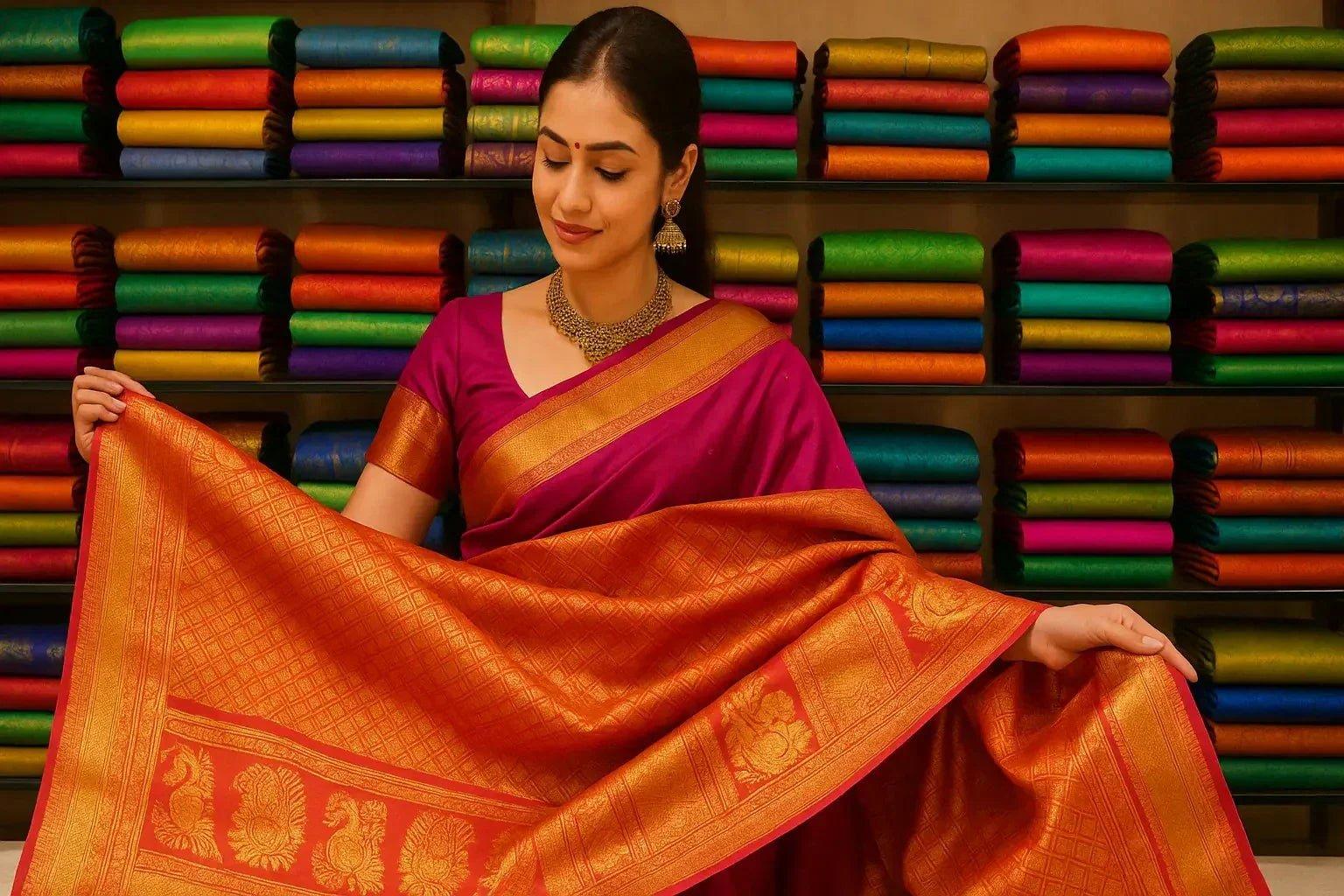 Kanjivaram saree buyers in Bangalore evaluating traditional silk sarees for instant cash
