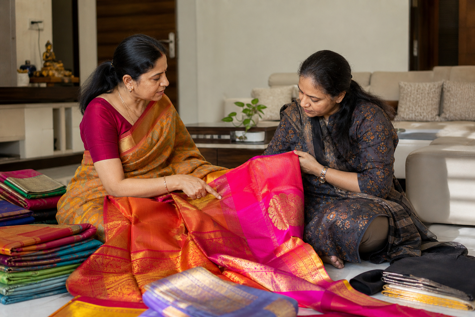 Old saree buyer in Basaveshwar Nagar Bangalore evaluating silk sarees at doorstep
