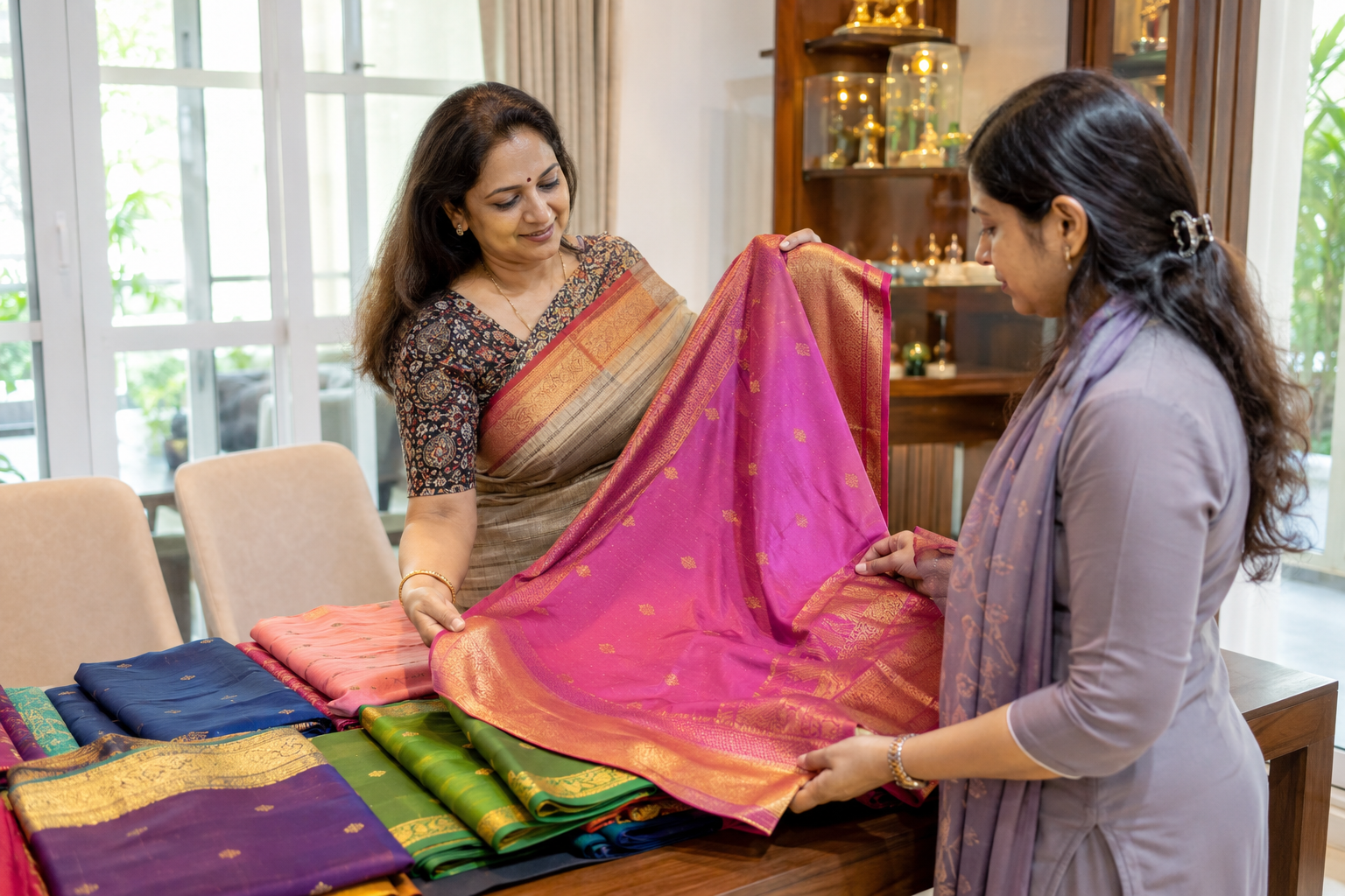 Mysore silk saree buyers in Bangalore evaluating traditional silk sarees at a customer's home