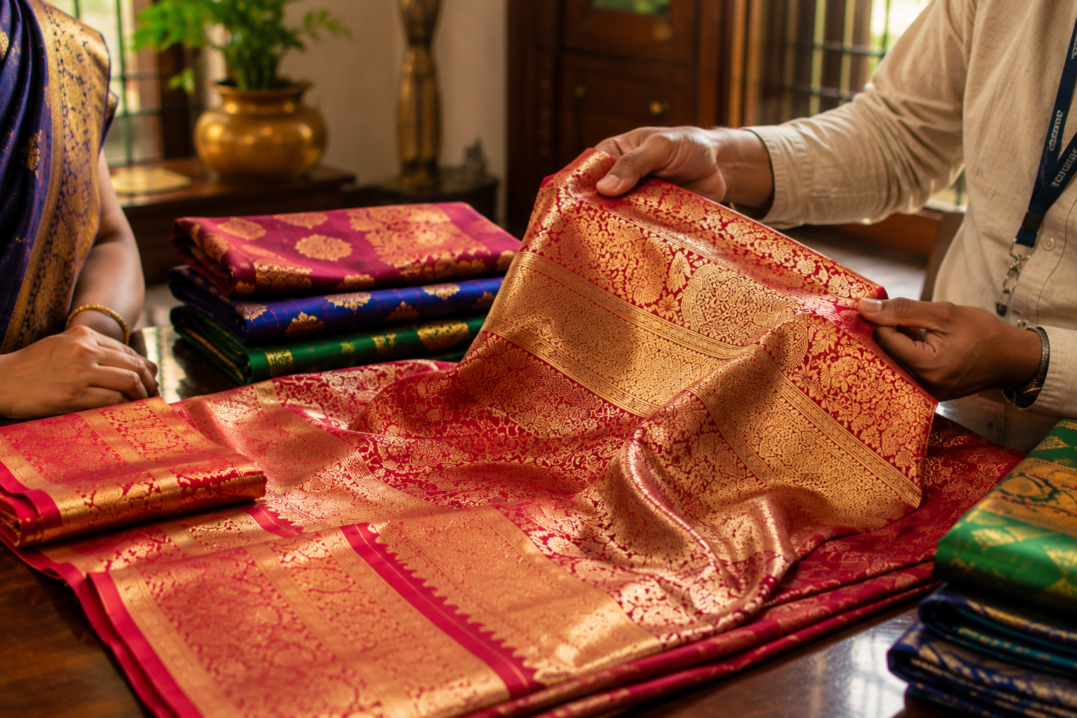 Professional buyer evaluating Banarasi silk sarees with intricate zari work in Bangalore