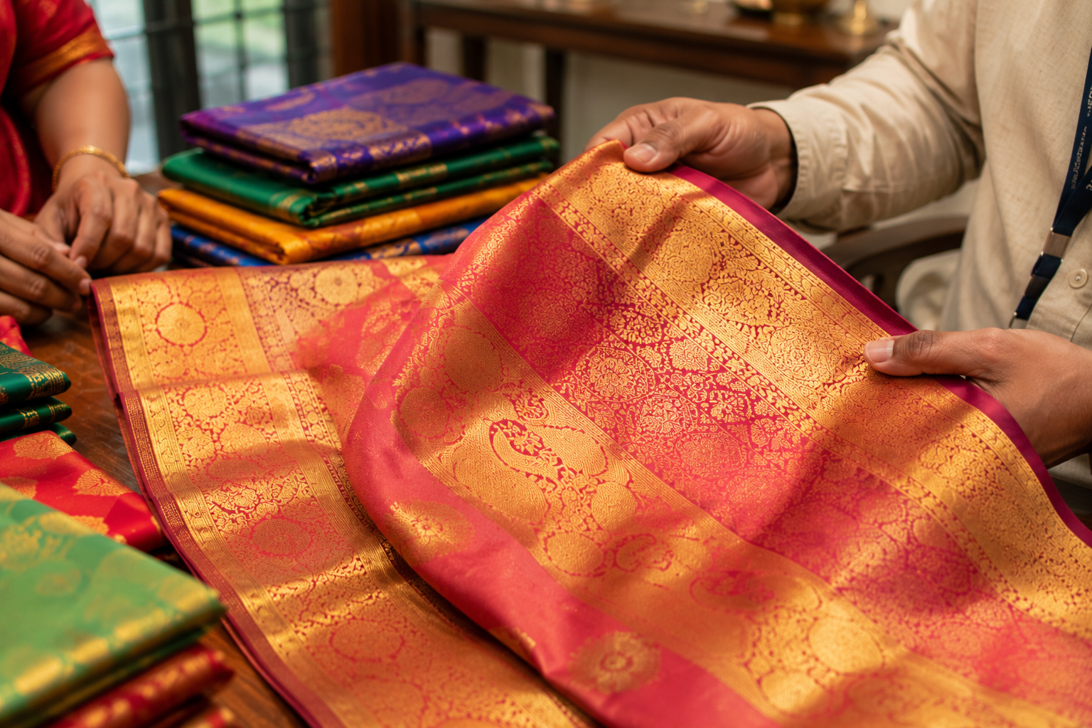 Professional buyer evaluating Kanjivaram silk sarees in Bangalore for instant cash payment