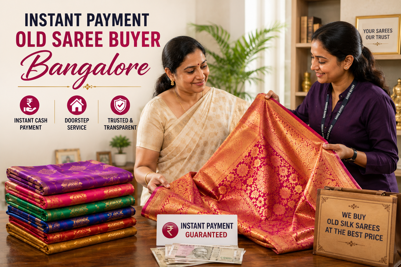 Instant payment old saree buyer Bangalore evaluating traditional silk sarees with zari work