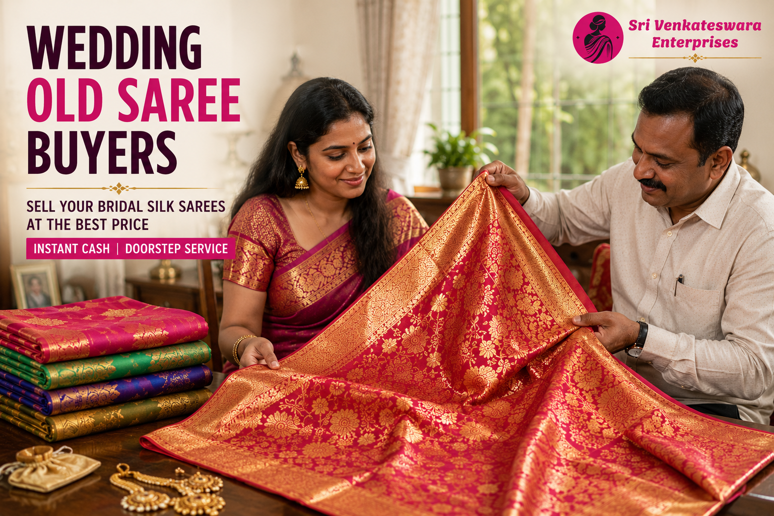 Wedding old saree buyers evaluating a bridal silk saree with gold zari work