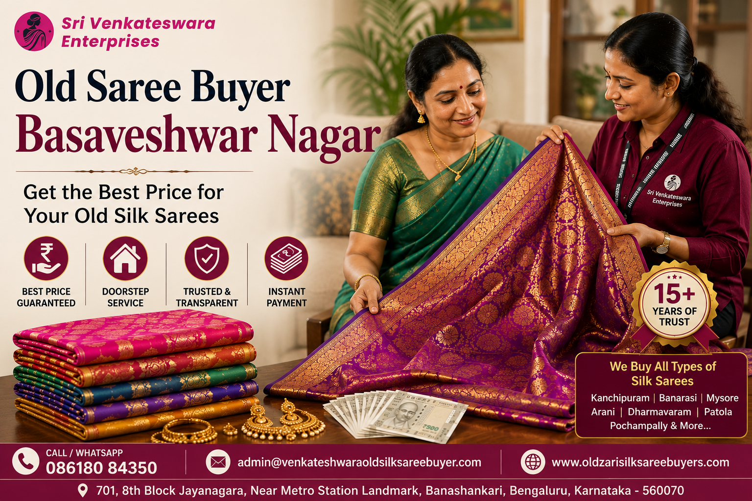 Old saree buyer in Basaveshwar Nagar evaluating traditional silk sarees with zari work
