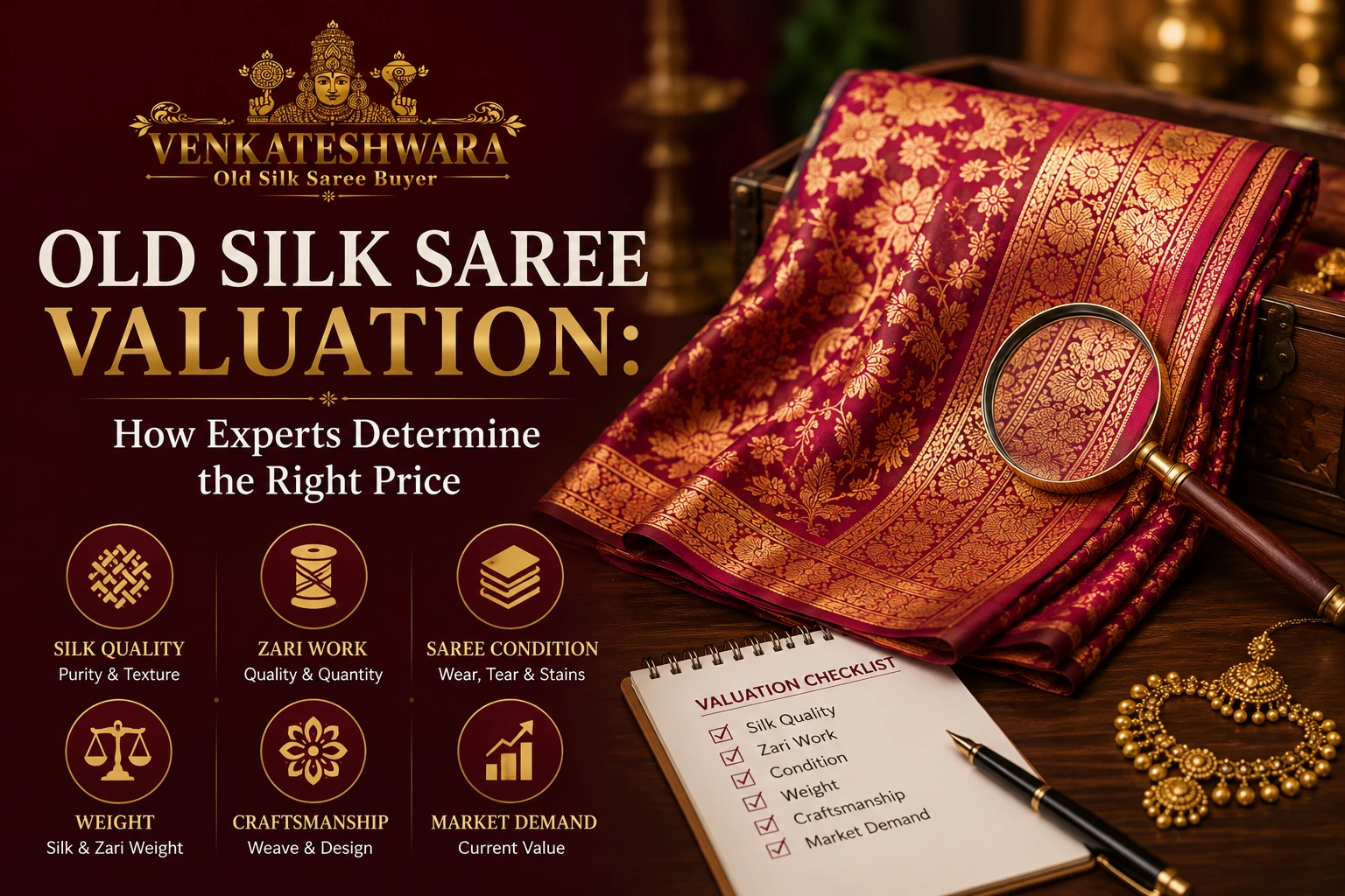 Expert evaluating an old silk saree for its silk quality and zari value